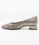 Dark Silver women’s woven leather flat with pointed toe and metallic block heel.