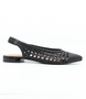 Black women’s woven leather slingback flat with pointed toe and glossy heel.