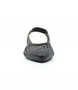 Black women’s woven leather slingback flat with pointed toe and glossy heel.