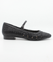 Negro women’s woven leather flat with pointed toe, adjustable strap and low block heel.
