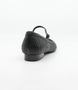 Negro women’s woven leather flat with pointed toe, adjustable strap and low block heel.