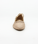Nude women’s woven leather flat with pointed toe, adjustable strap and low block heel.