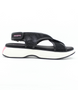Black women’s mesh sporty sandal with crisscross straps and chunky platform sole.