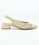Off White women’s woven leather slingback shoe with pointed toe and polished block heel.