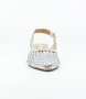 Silver women’s woven leather slingback shoe with pointed toe and polished block heel.