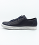 Navy women’s leather sneaker with lace‑up front, side zip and cushioned insole.