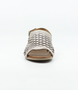 Pewter women’s laser‑cut leather sandal with adjustable strap and low block heel.