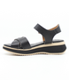 Black women’s criss‑cross leather platform sandal with hook‑and‑loop ankle strap and cushioned footbed.