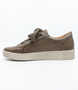 Nocciola women’s leather casual sneaker with oversized laces, side zip and cushioned removable insole.