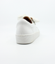 White women’s leather casual sneaker with oversized laces, side zip and cushioned removable insole.