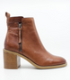 Marrone women’s leather ankle boot with side zip and stacked block heel.