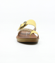 Yellow women’s buckle‑detail flat slide sandal with textured toe loop and cushioned footbed.
