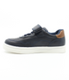 Navy boys’ synthetic leather casual sneaker with lace‑up front, hook‑and‑loop strap and contrast heel patch.