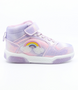 Lilac Multi girls’ iridescent mid‑cut sneaker with rainbow motif, hook‑and‑loop strap and cushioned sole.