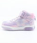Lilac Multi girls’ iridescent mid‑cut sneaker with rainbow motif, hook‑and‑loop strap and cushioned sole.