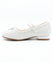 White girls’ shimmering mesh dress shoe with butterfly embellishments, hook‑and‑loop strap and low block heel.
