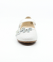 White girls’ shimmering mesh dress shoe with butterfly embellishments, hook‑and‑loop strap and low block heel.