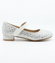 White girls’ glitter PU dress shoe with rhinestone upper, low block heel and hook‑and‑loop strap.