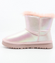 Pink girls’ iridescent synthetic suede ankle boot with faux‑fur lining, side button and treaded outsole.