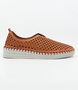 Red women’s nubuck perforated slip‑on with scalloped pattern, contrast stitching and cushioned sole.