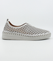 White women’s nubuck perforated slip‑on with scalloped pattern, contrast stitching and cushioned sole.