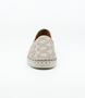 Silver/Grey women’s leather perforated slip‑on with floral pattern, elastic gussets and cushioned sole.