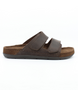 Brown men’s leather slide sandal with twin hook‑and‑loop straps and cushioned footbed.