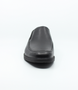 Black men’s leather slip‑on dress shoe with elastic gussets and cushioned sole.