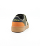 Khaki kids' man-made sports sneaker with suede-effect panels, hook-and-loop strap and caramel sole.
