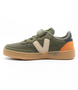 Khaki kids' man-made sports sneaker with suede-effect panels, hook-and-loop strap and caramel sole.
