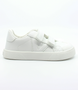 White kids' faux-leather barefoot trainer with hook-and-loop straps and reinforced toe cap.