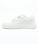 White kids' faux-leather barefoot trainer with hook-and-loop straps and reinforced toe cap.