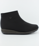 Black women's stretch fabric ankle boot with side zipper and cushioned footbed.