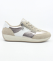 Ginger women's leather sneaker with metallic upper, suede accents, side zipper and cushioned footbed.