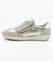 Ginger women's leather sneaker with metallic upper, suede accents, side zipper and cushioned footbed.