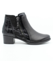 Black women's leather ankle boot with croc-embossed heel panel, side zipper and cushioned footbed.