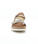 Brown women's leather sandal with metallic mid-strap, snakeskin-effect forefoot and cushioned footbed.