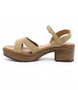 Camel women's suede sandal with open toe, buckle strap and cushioned footbed.