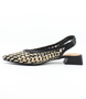 Black women's woven leather slingback shoe with pointed toe, low block heel and cushioned footbed.