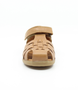Caramel unisex leather sandal with closed heel, woven straps and hook-and-loop fastening.
