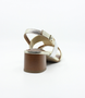 Platinum Silver women's leather sandal with crossover straps, padded insoles and block heel.