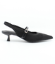 Black women's flyknit slingback with pointed toe, slim strap and low flared heel.