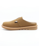 Tan women's nubuck leather clog slide with adjustable buckle and flexible sole.