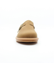 Tan women's nubuck leather clog slide with adjustable buckle and flexible sole.