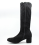 Black women's mid-calf stretch suede boot with rounded toe and block heel.