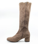 Coffee women's mid-calf stretch suede boot with rounded toe and block heel.