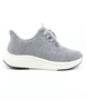 Grey women's flyknit lace-up sneaker with breathable upper and cushioned sole.