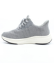 Grey women's flyknit lace-up sneaker with breathable upper and cushioned sole.