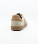 Beige Tan women's leather lace-up sneaker with twin side stripes and flexible sole.