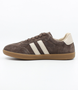 Chocolate Beige women's leather lace-up sneaker with twin side stripes and flexible sole.